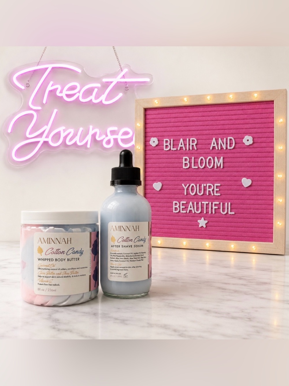 AMINNAH Cotton Candy Whipped Body Butter & After Shave Serum Bundle